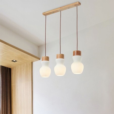 Lampada a sospensione giapponese in vetro e legno 3 luci E26/E27 70x26 cm