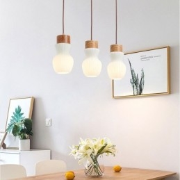 Lampada a sospensione giapponese in vetro e legno 3 luci E26/E27 70x26 cm