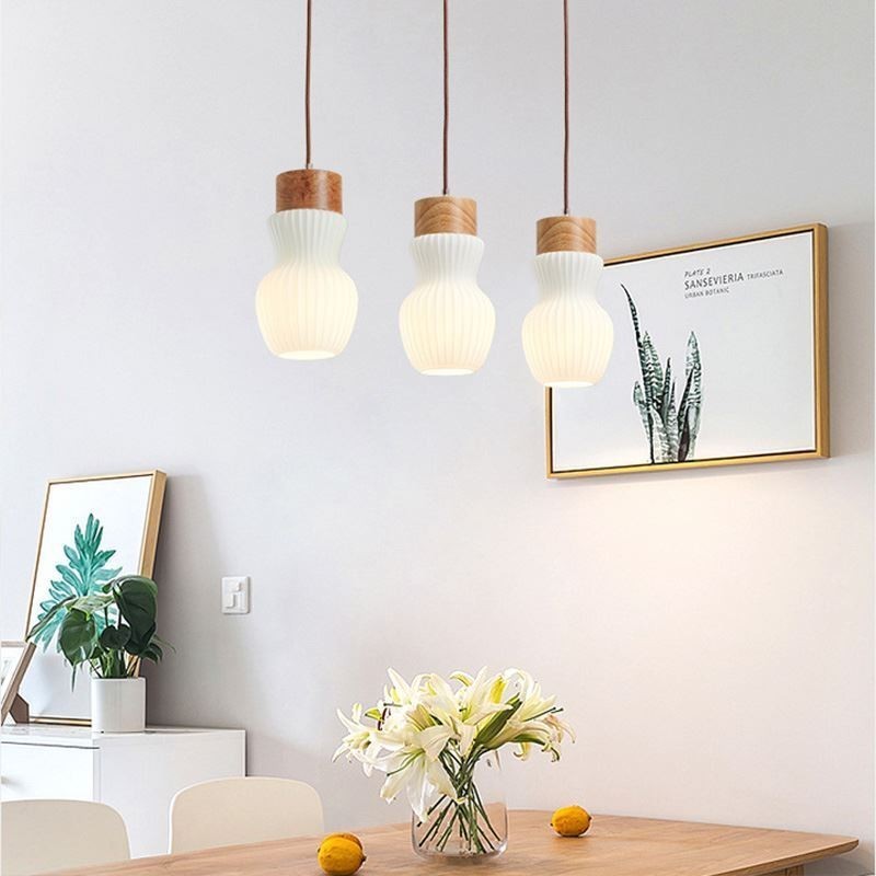 Lampada a sospensione giapponese in vetro e legno 3 luci E26/E27 70x26 cm
