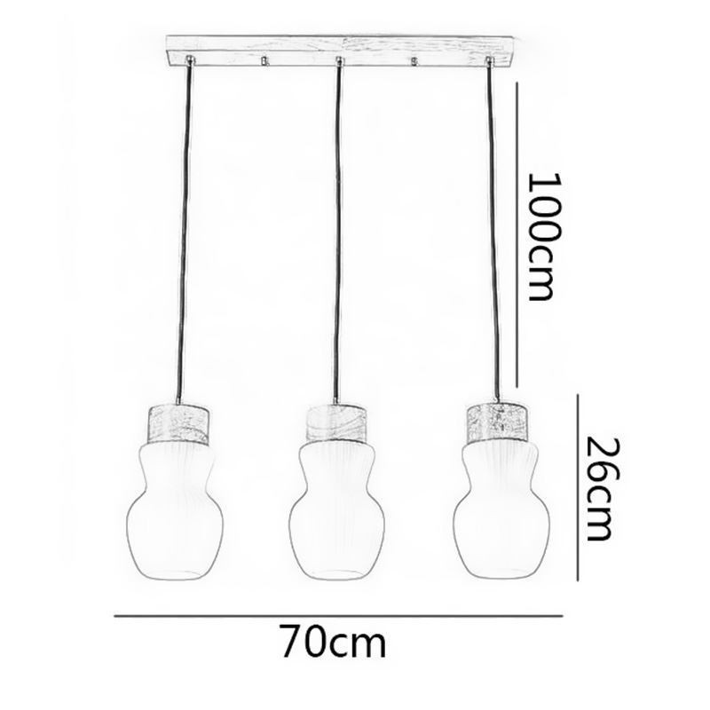 Lampada a sospensione giapponese in vetro e legno 3 luci E26/E27 70x26 cm