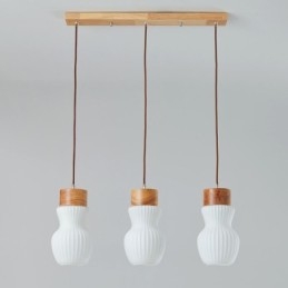 Lampada a sospensione giapponese in vetro e legno 3 luci E26/E27 70x26 cm