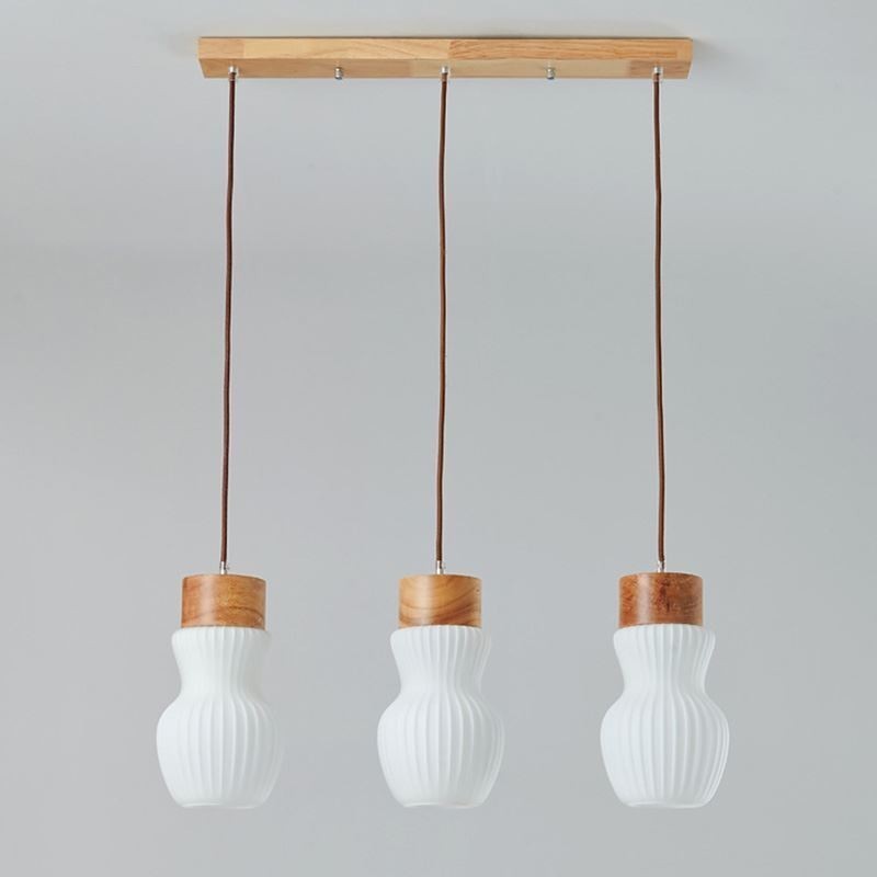 Lampada a sospensione giapponese in vetro e legno 3 luci E26/E27 70x26 cm