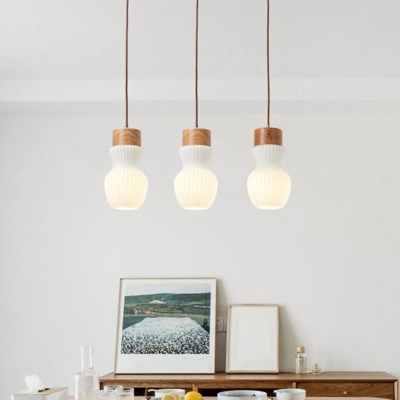 Lampada a sospensione giapponese in vetro e legno 3 luci E26/E27 70x26 cm