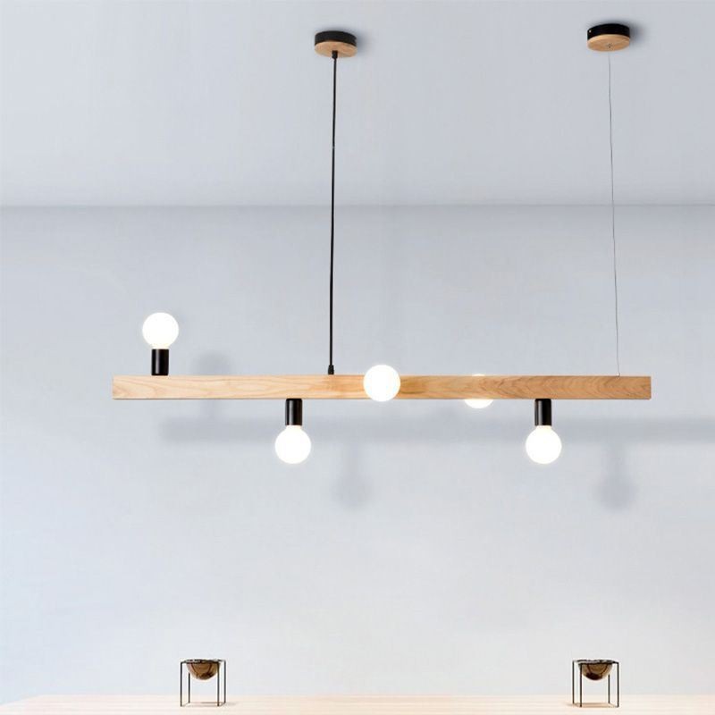 Lampadario a sospensione giapponese in legno a 5 luci E26/E27, 120x10 cm