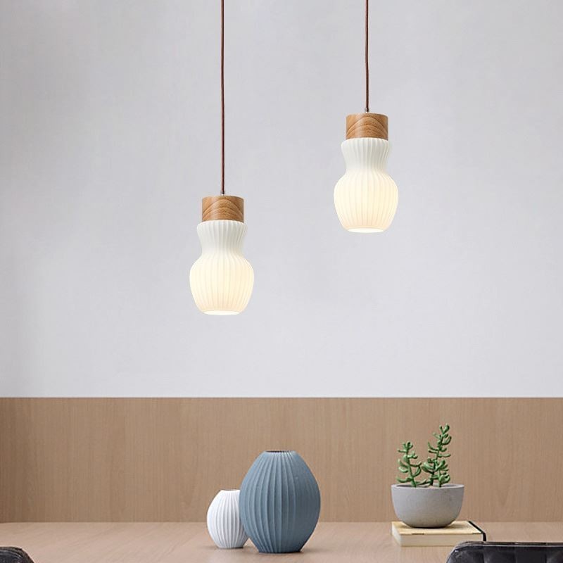 Lampada a sospensione giapponese in legno e vetro E26/E27 1 luce 15×26 cm