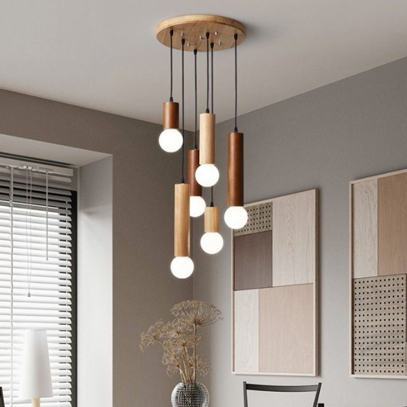 Lampada a sospensione giapponese in legno e vetro a 6 luci E26/E27