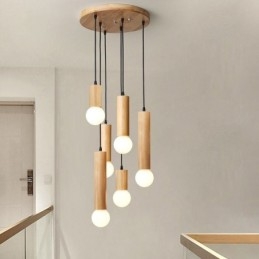 Lampada a sospensione giapponese in legno e vetro a 6 luci E26/E27