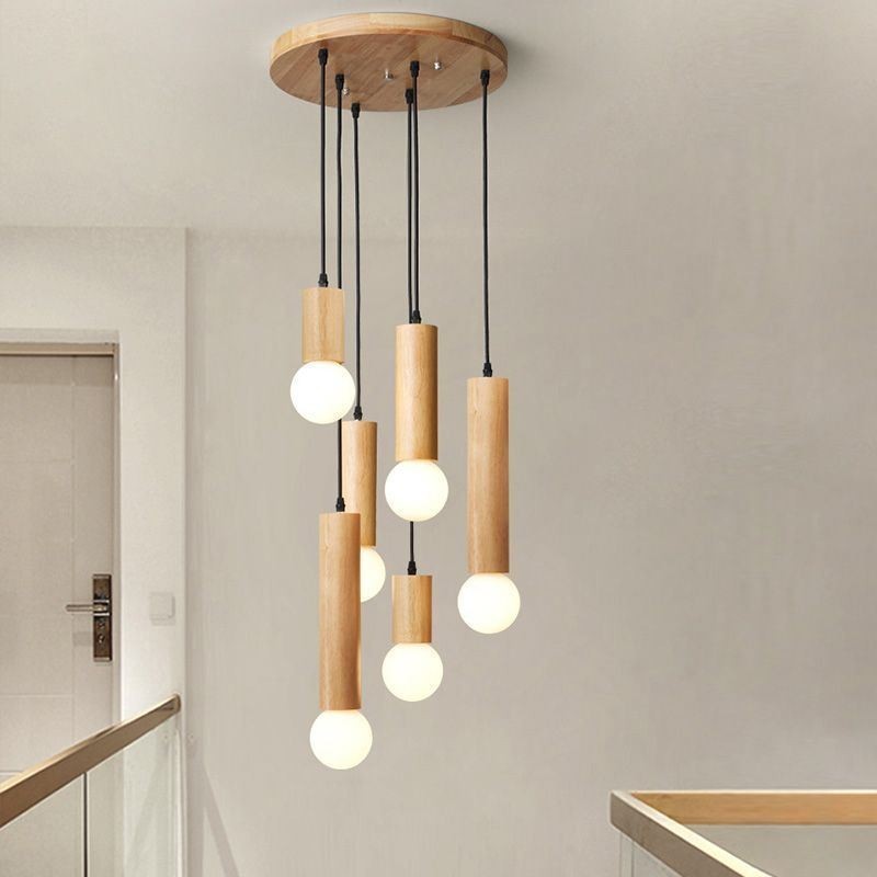 Lampada a sospensione giapponese in legno e vetro a 6 luci E26/E27