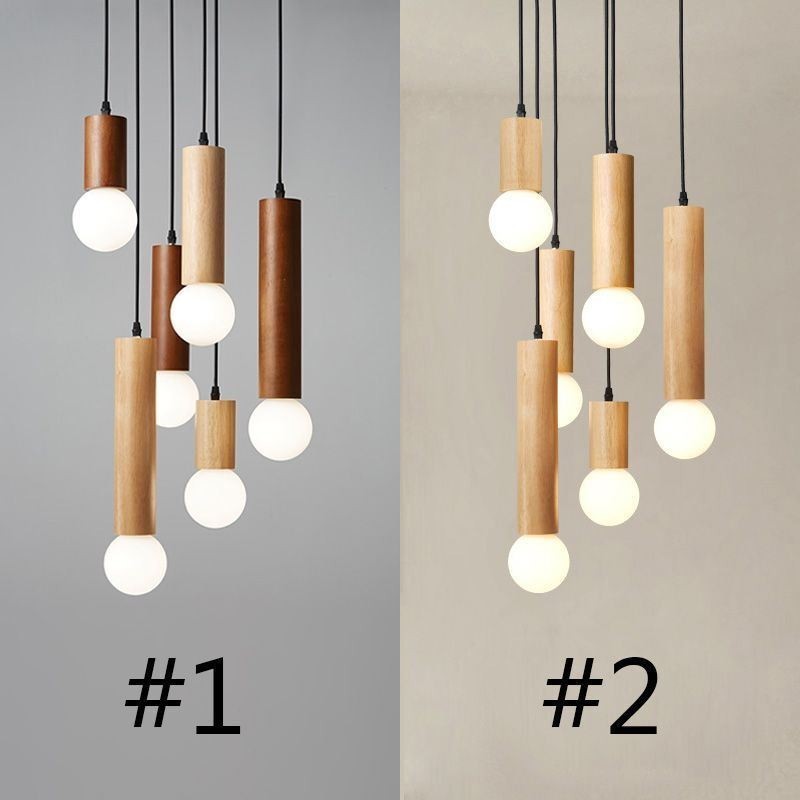 Lampada a sospensione giapponese in legno e vetro a 6 luci E26/E27
