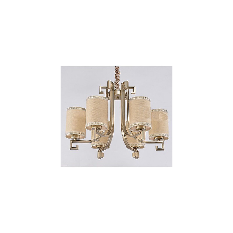 Lampadario cinese in ferro e rame color oro, 6 luci, paralumi beige, catena regolabile