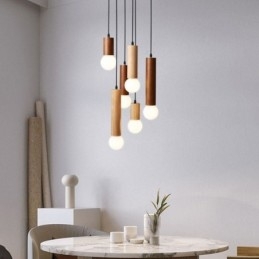 Lampada a sospensione giapponese in legno e vetro a 6 luci E26/E27