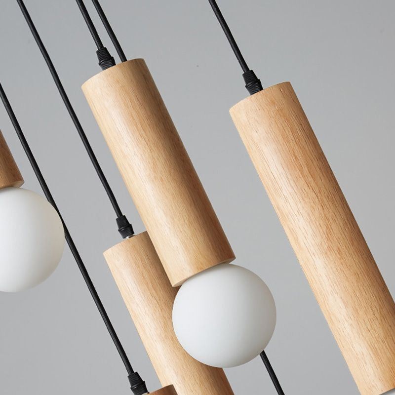 Lampada a sospensione giapponese in legno e vetro a 6 luci E26/E27