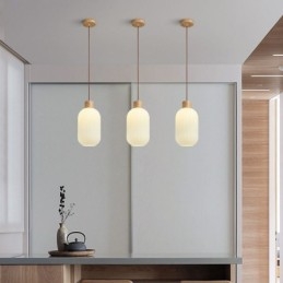Lampada a sospensione giapponese in legno e vetro, E26/E27, cavo 100 cm