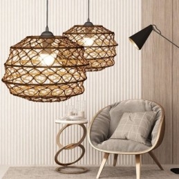 Lampada a sospensione rustica in rattan con paralume pieghevole