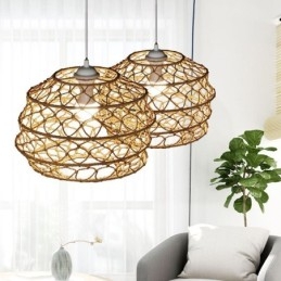 Lampada a sospensione rustica in rattan con paralume pieghevole