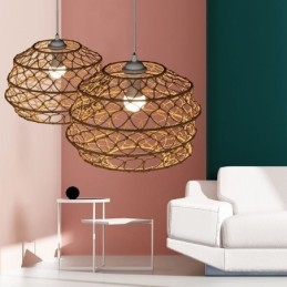 Lampada a sospensione rustica in rattan con paralume pieghevole