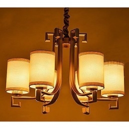 Lampadario cinese in ferro e rame color oro, 6 luci, paralumi beige, catena regolabile