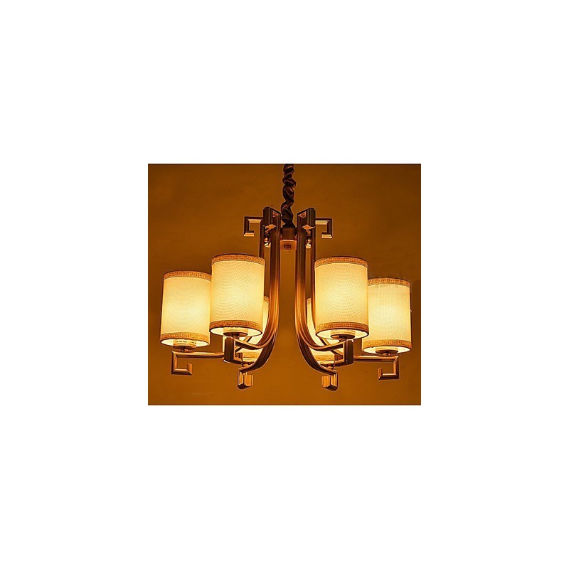Lampadario cinese in ferro e rame color oro, 6 luci, paralumi beige, catena regolabile