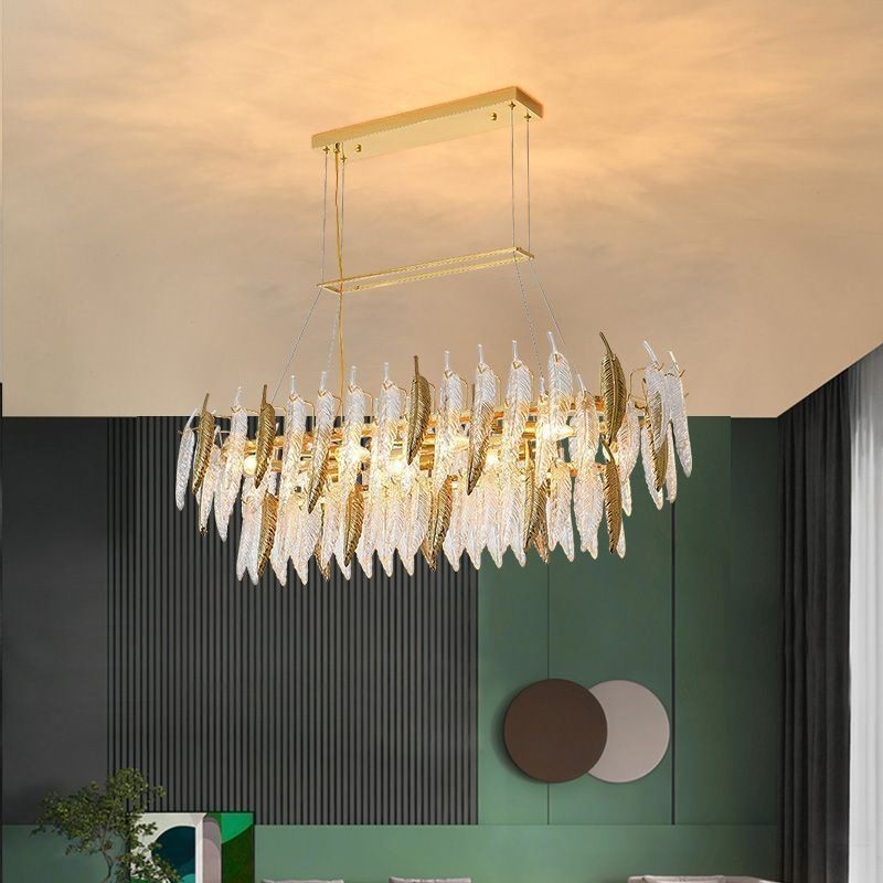 Lampadario a sospensione in vetro artistico ovale a piuma, 8 luci E12/E14