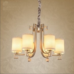 Lampadario cinese in ferro e rame color oro, 6 luci, paralumi beige, catena regolabile