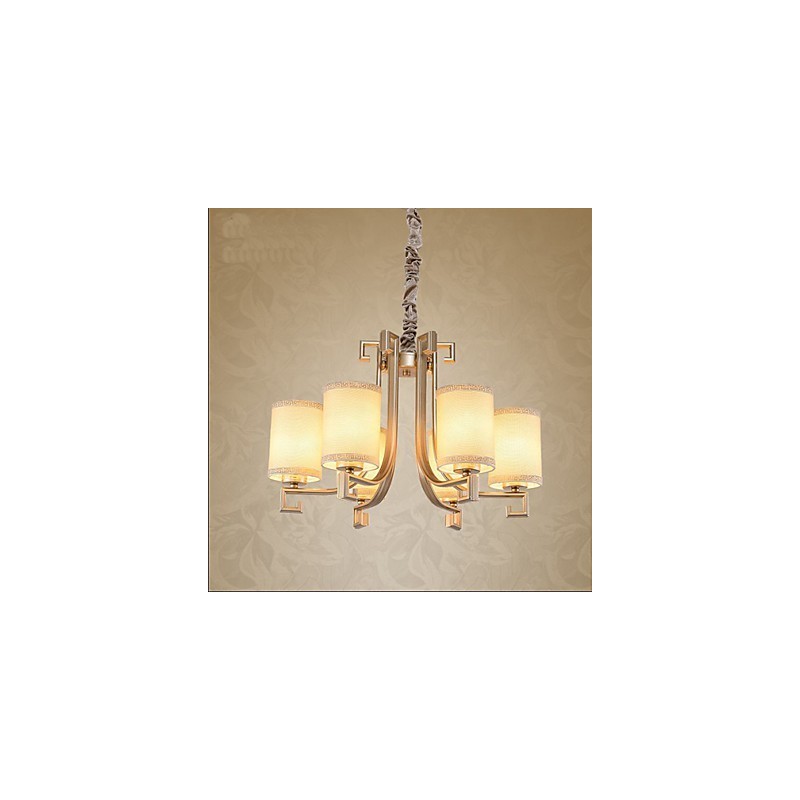 Lampadario cinese in ferro e rame color oro, 6 luci, paralumi beige, catena regolabile