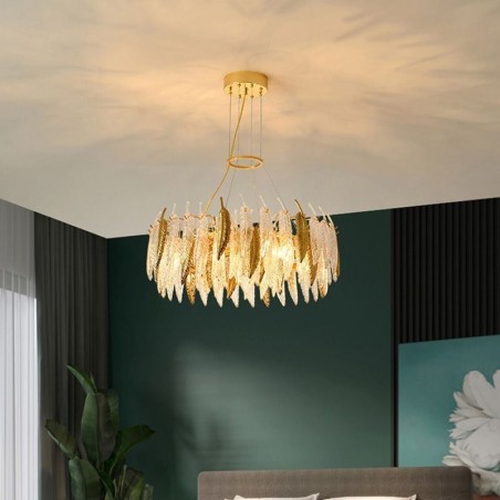 Lampadario a sospensione rotondo in vetro artistico effetto piume