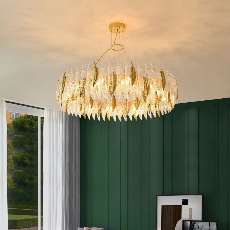 Lampadario a sospensione rotondo in vetro artistico effetto piume
