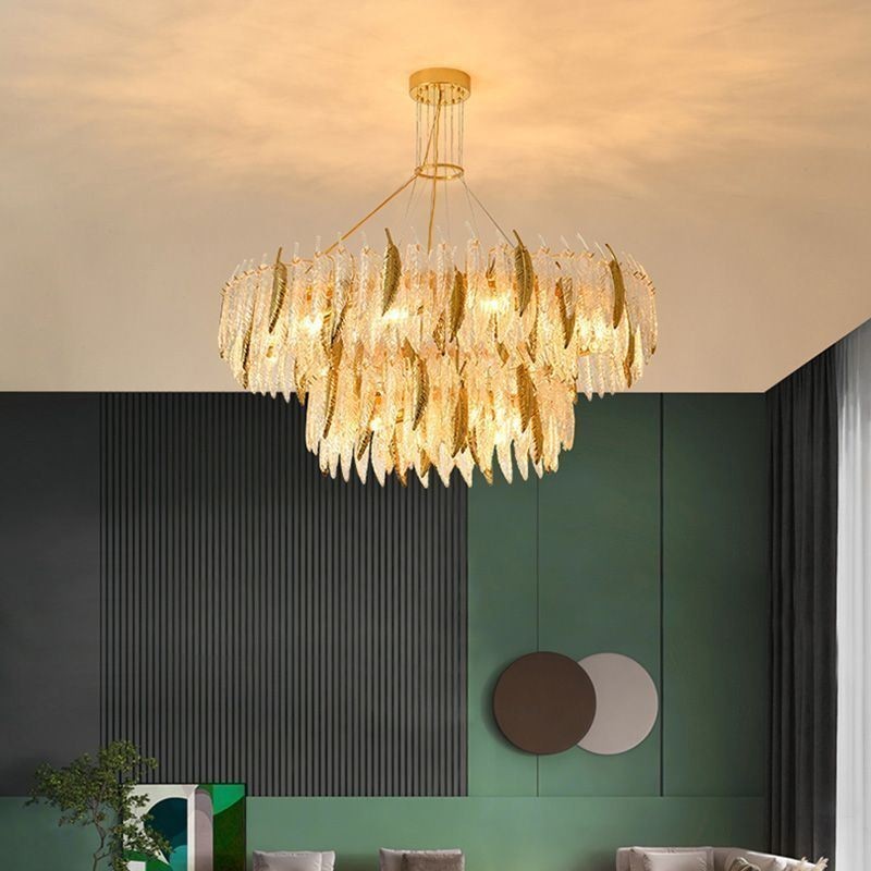 Lampadario a sospensione rotondo in vetro artistico effetto piume