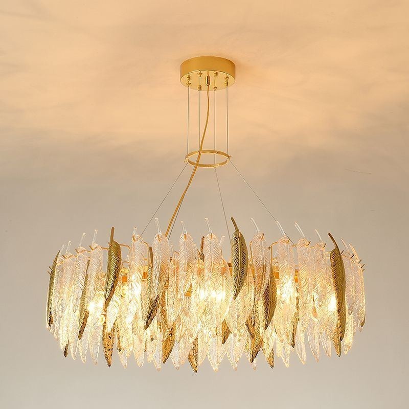 Lampadario a sospensione rotondo in vetro artistico effetto piume