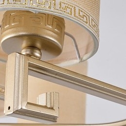 Lampadario cinese in ferro e rame color oro, 6 luci, paralumi beige, catena regolabile