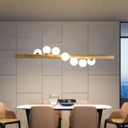 Lampada a sospensione Magic Bean in legno e vetro con strisce di legno