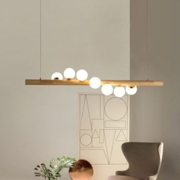 Lampada a sospensione Magic Bean in legno e vetro con strisce di legno