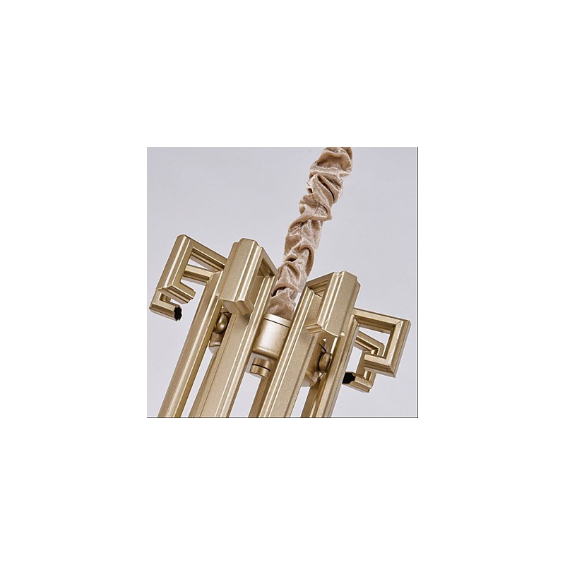 Lampadario cinese in ferro e rame color oro, 6 luci, paralumi beige, catena regolabile