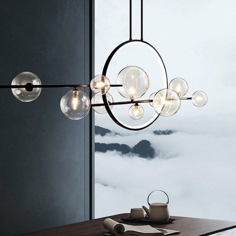 Lampadario a sospensione moderno in metallo con bolle di vetro trasparente
