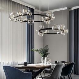 Lampadario a sospensione moderno in metallo con sfere in vetro trasparente