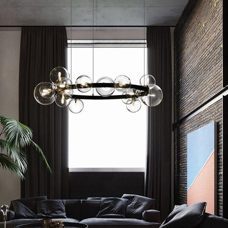 Lampadario a sospensione moderno in metallo con sfere in vetro trasparente
