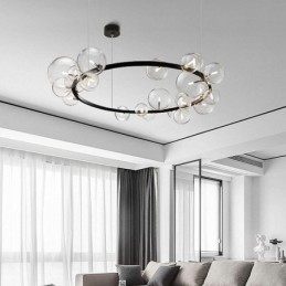 Lampadario a sospensione moderno in metallo con sfere in vetro trasparente