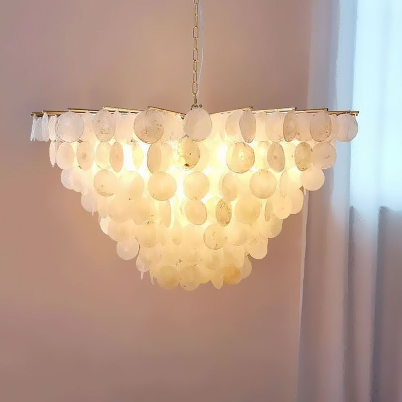 Lampadario a sospensione rotondo a strati con conchiglia naturale