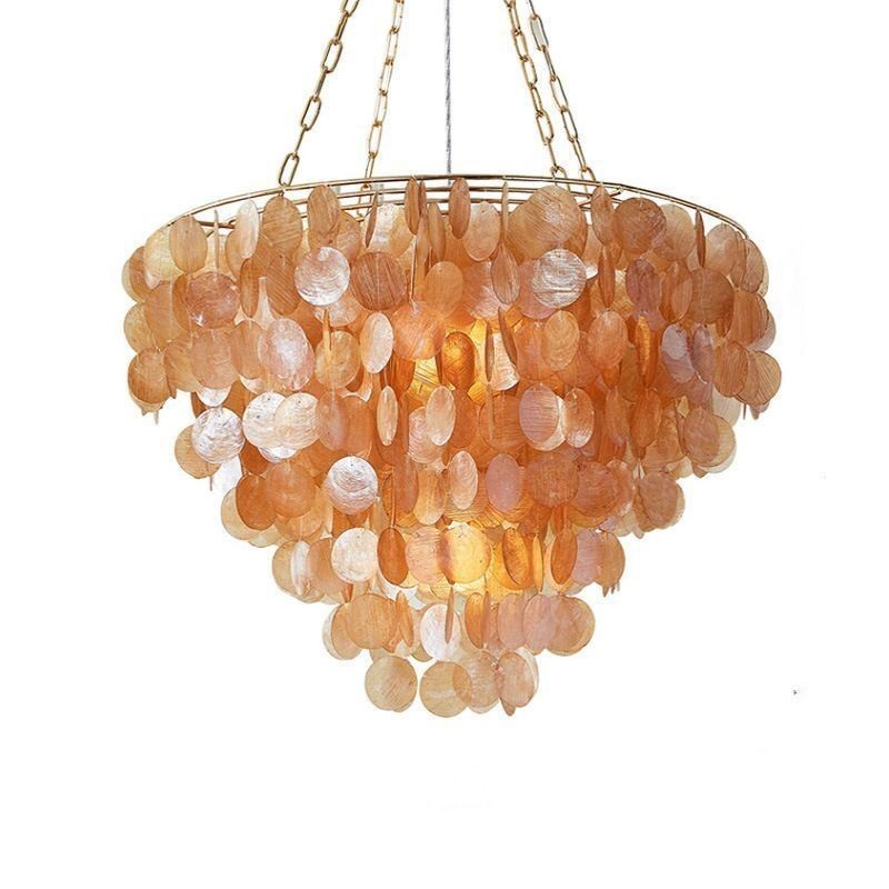 Lampadario a sospensione rotondo a strati in conchiglia naturale marrone chiaro e nero