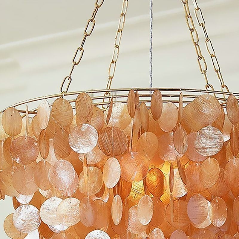 Lampadario a sospensione rotondo a strati in conchiglia naturale marrone chiaro e nero