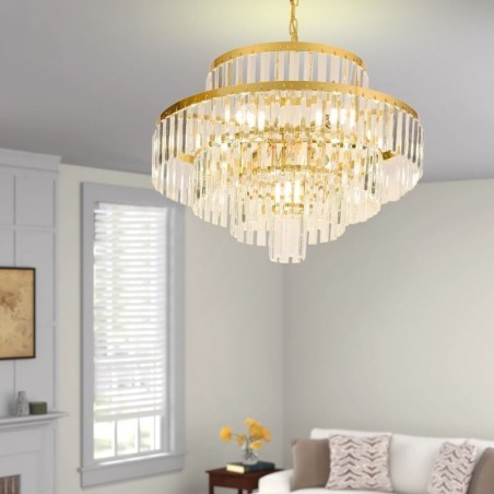 Lampada a sospensione in cristallo dorato a 4 livelli, 7 luci, 60 x 42 cm