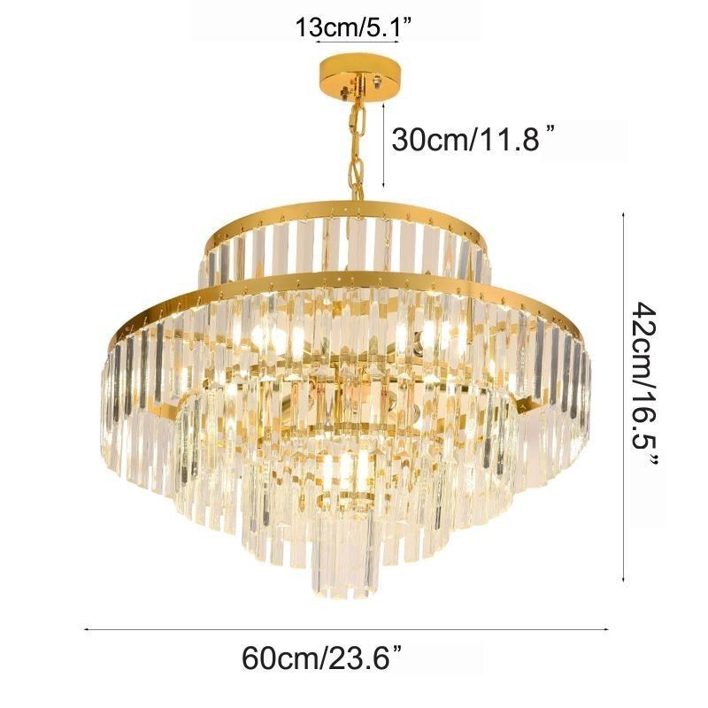 Lampada a sospensione in cristallo dorato a 4 livelli, 7 luci, 60 x 42 cm