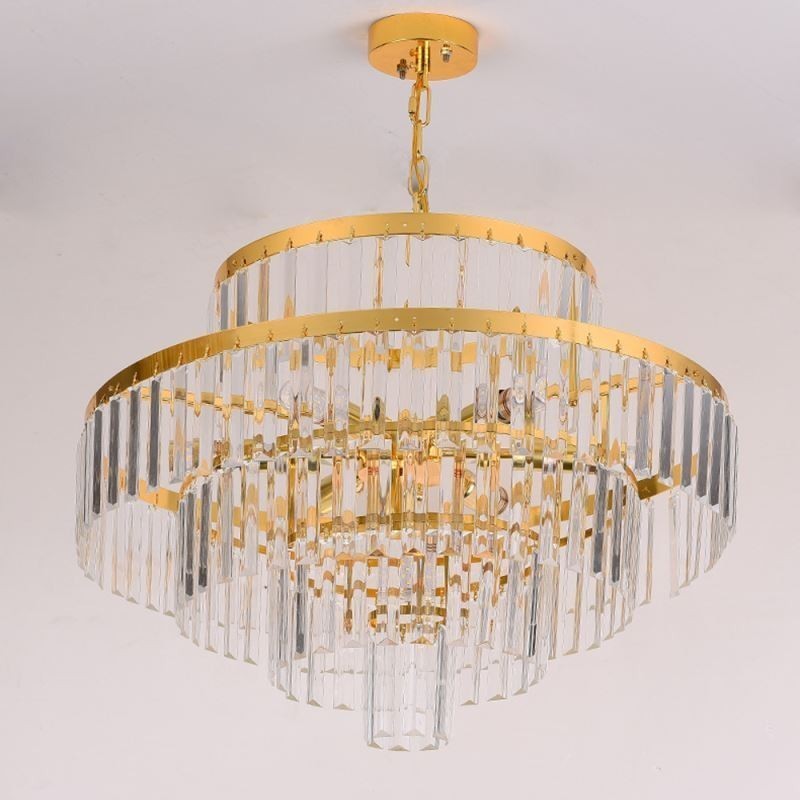Lampada a sospensione in cristallo dorato a 4 livelli, 7 luci, 60 x 42 cm