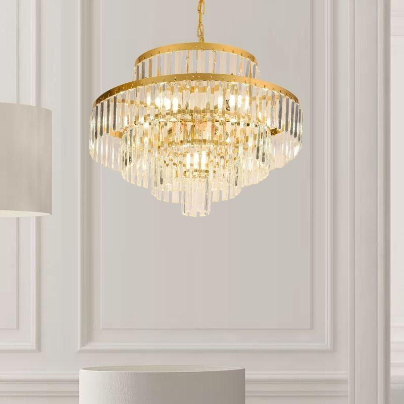 Lampada a sospensione in cristallo dorato a 4 livelli, 7 luci, 60 x 42 cm