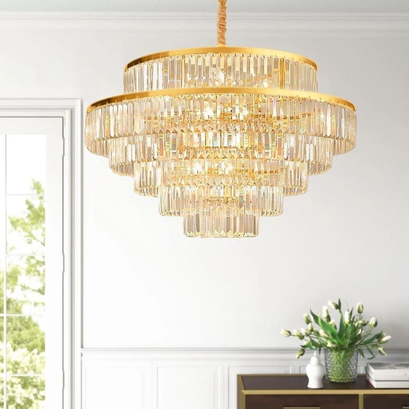 Lampada a sospensione in cristallo dorato, 5 livelli, illuminazione da soffitto, 7 luci