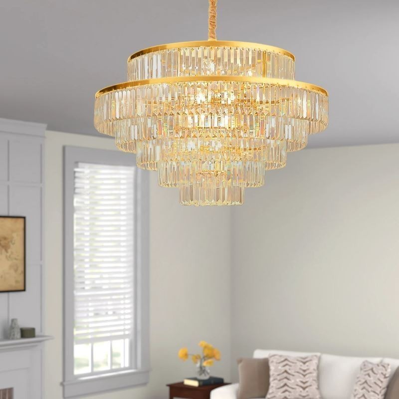 Lampada a sospensione in cristallo dorato, 5 livelli, illuminazione da soffitto, 7 luci