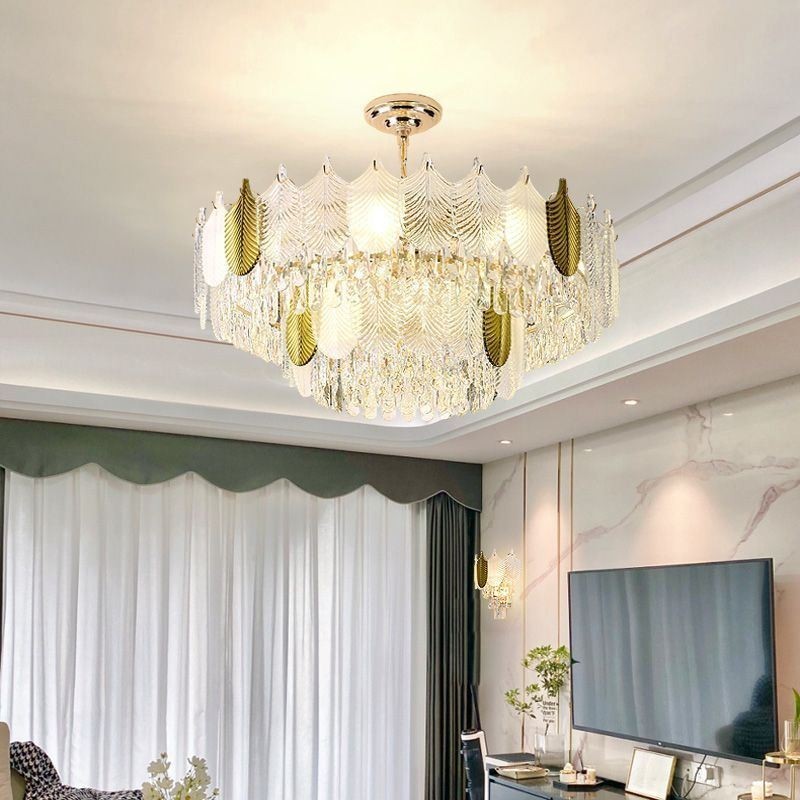 Lampada a sospensione a foglia in cristallo, 15 luci, E12/E14, 80×42 cm