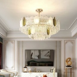 Lampada a sospensione a foglia in cristallo, 15 luci, E12/E14, 80×42 cm