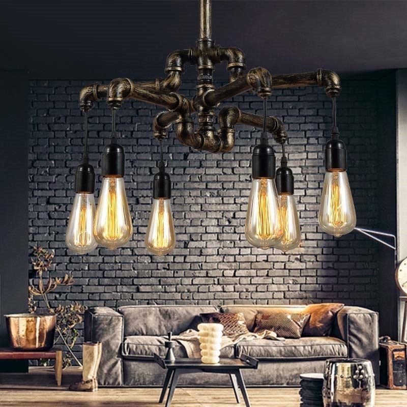 Lampadario a sospensione industriale retrò a 6 luci stile country