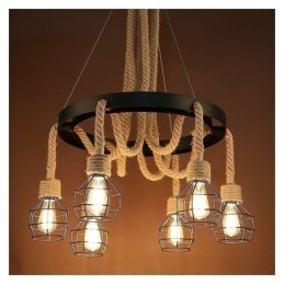 Lampadario a sospensione industriale retrò in corda di canapa, 6 luci, paralume in ferro
